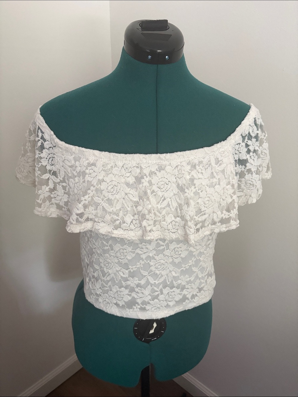 Ambiance White Off-Shoulder Lace Ruffle Crop Top